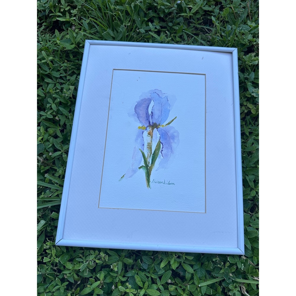 Sharon Wilson Signed Original Watercolor Painting Purple Iris Flower Framed Art